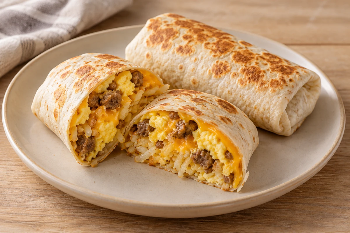 Two breakfast burritos, one cut into halves showing scrambled eggs, sausage, shredded potatoes and cheddar.