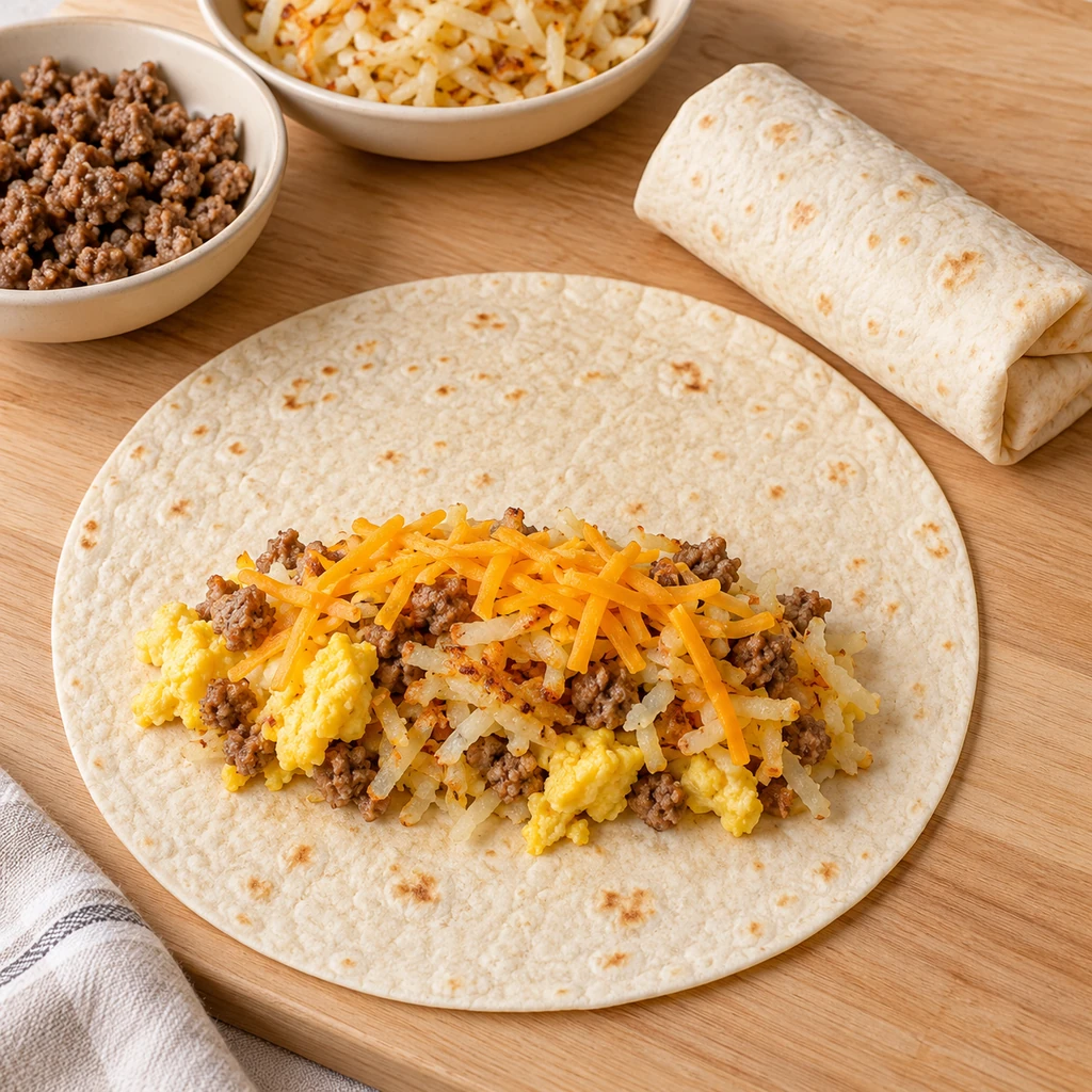 Cooked egg, sausage, shredded potato and cheddar filling on a flour tortilla with space to fold and roll.