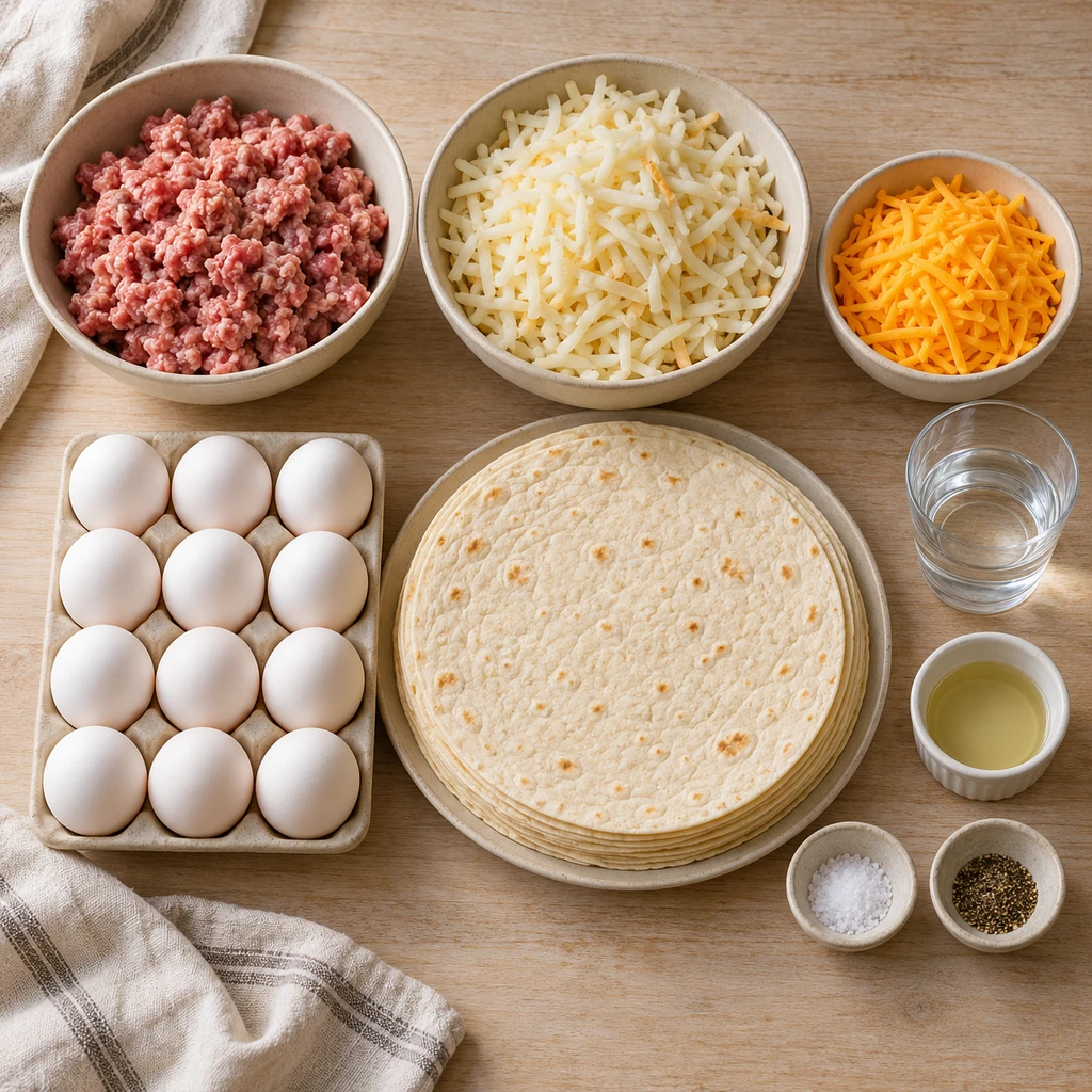 Eggs, pork breakfast sausage, shredded potatoes, cheddar, flour tortillas, oil, salt, pepper and water arranged separately.