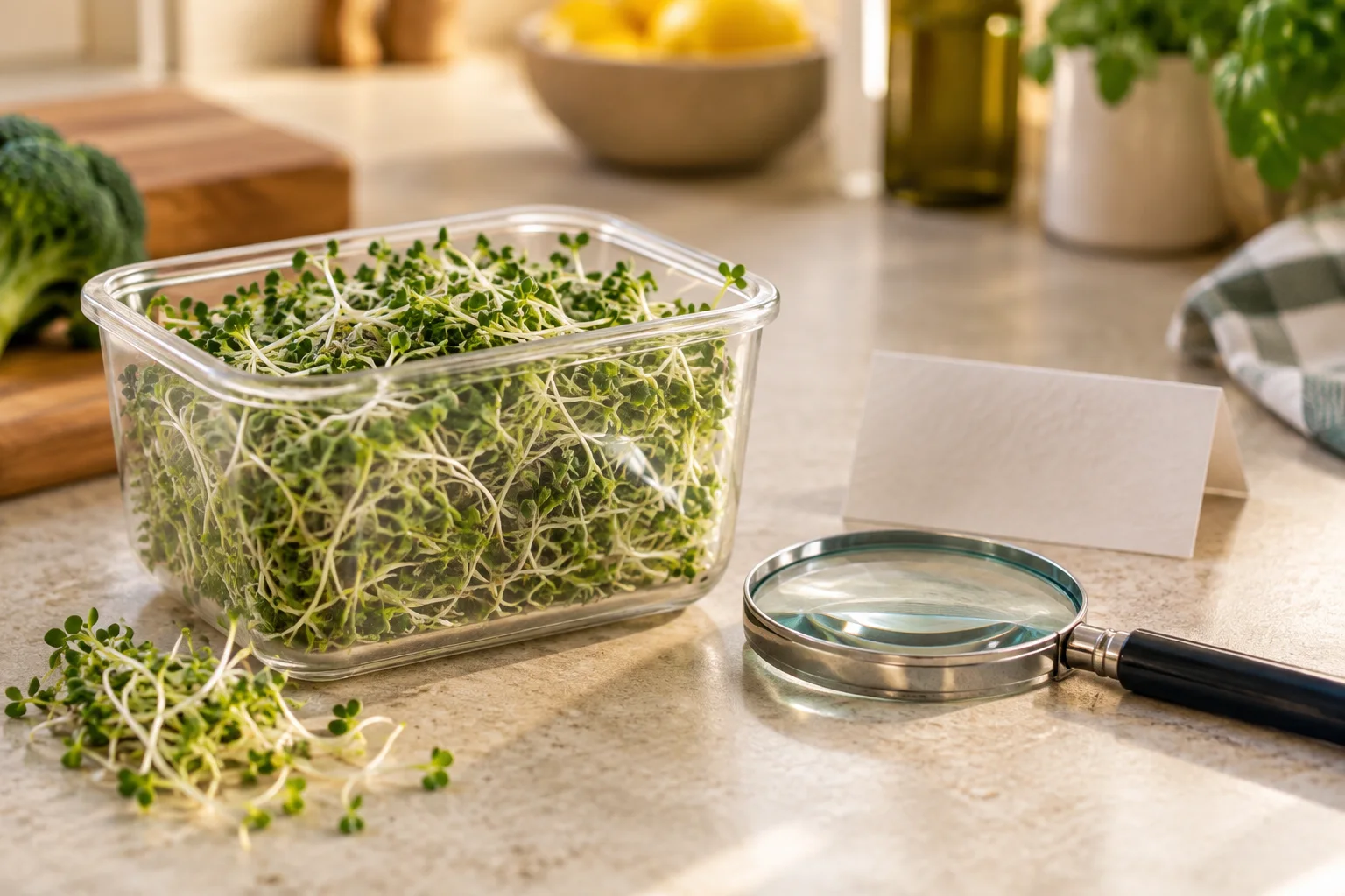 Fresh broccoli sprouts in an unbranded container beside a magnifying glass in a home kitchen
