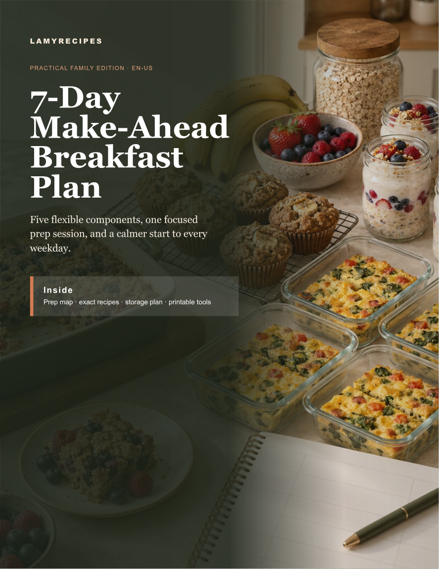 Cover of the 7-Day Make-Ahead Breakfast Plan showing a warm spread of breakfast meal-prep dishes.
