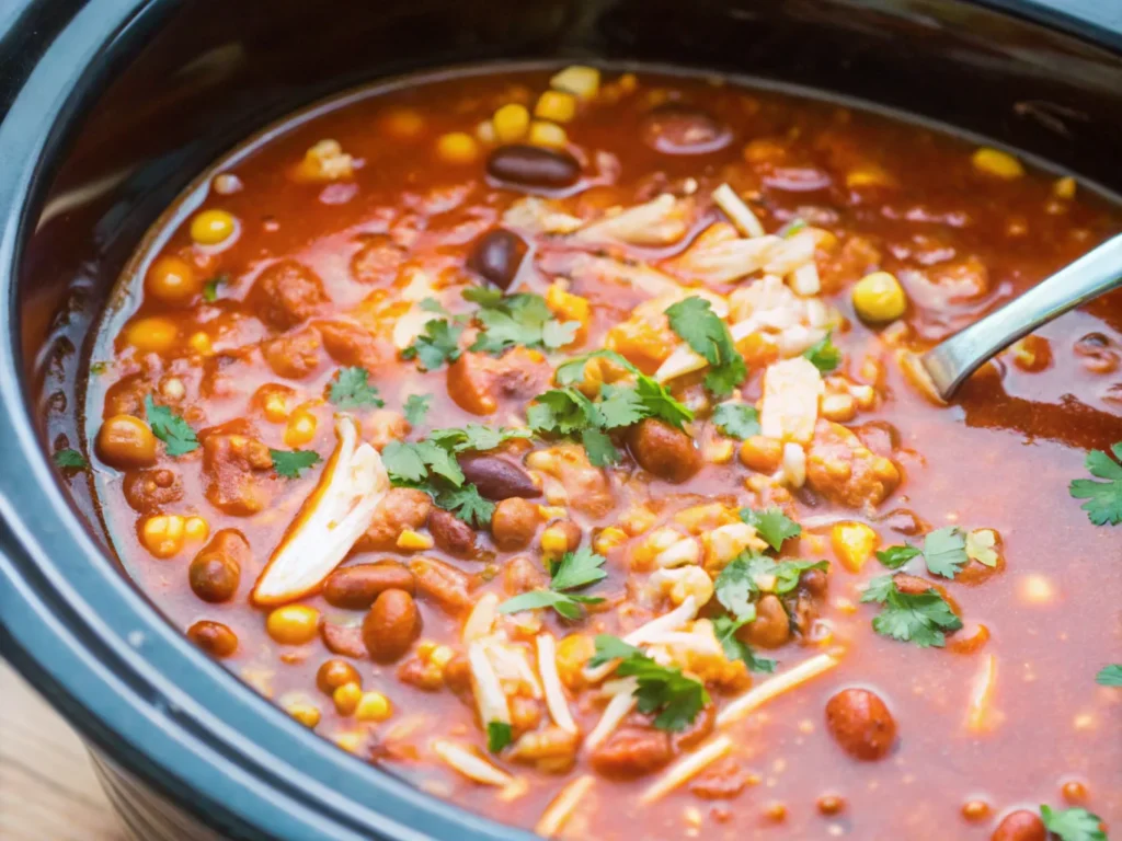 slow-cooker-chicken-chili-with-beans-corn-and-cilantro-spoon-visible