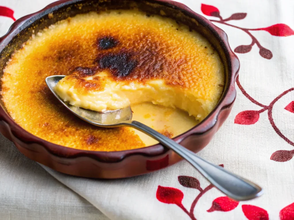 crme-brle-in-a-ramekin-with-a-spoon-taking-a-bite-topped-with-a-caramelized-sugar-crust-on-a-patterned-cloth