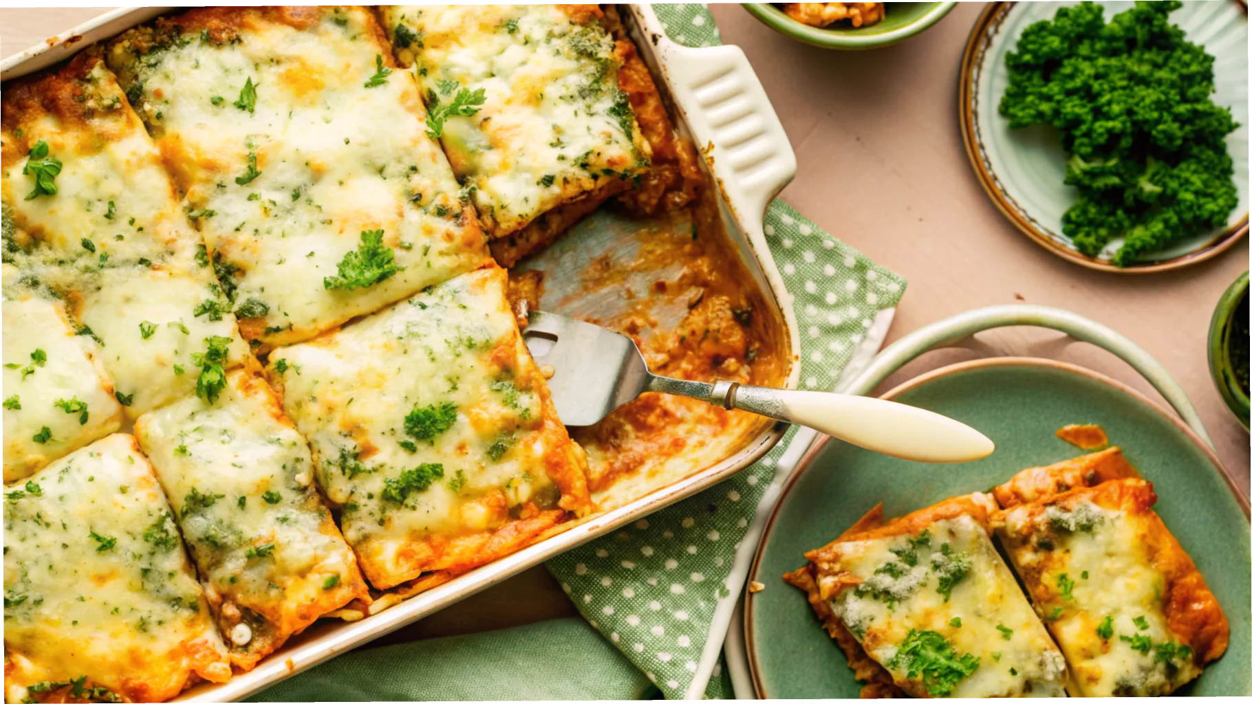 Cottage cheese being baked in a casserole dish with fresh herbs on top, showcasing its creamy texture.