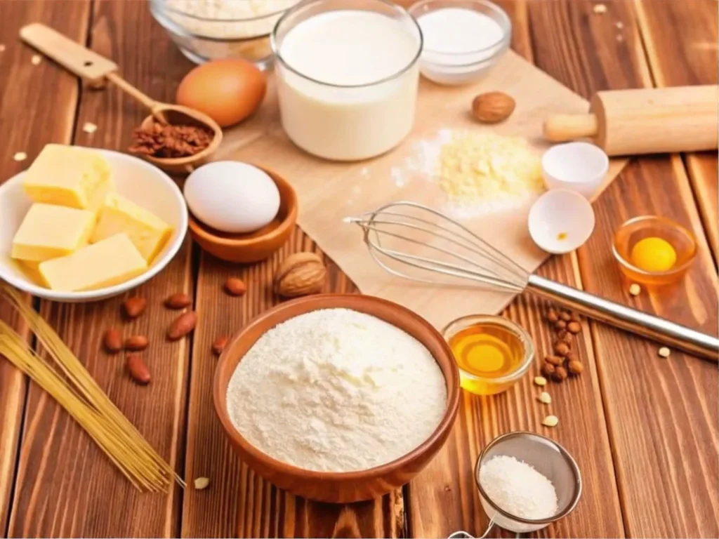 baking-ingredients-flour-milk-eggs-butter-honey-nuts-pasta-and-a-whisk-on-a-wooden-surface