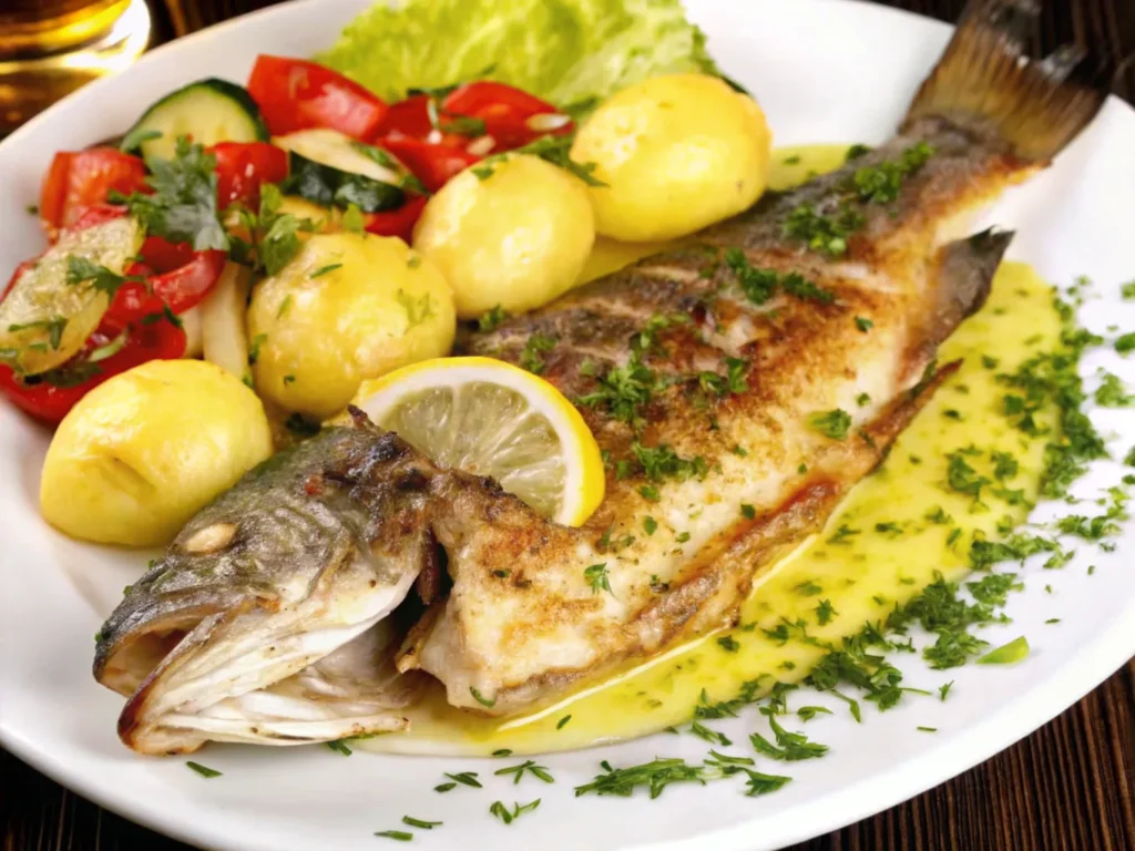 grilled-whole-fish-on-plate-with-potatoes-salad-lemon-and-sauce-garnished-with-parsley