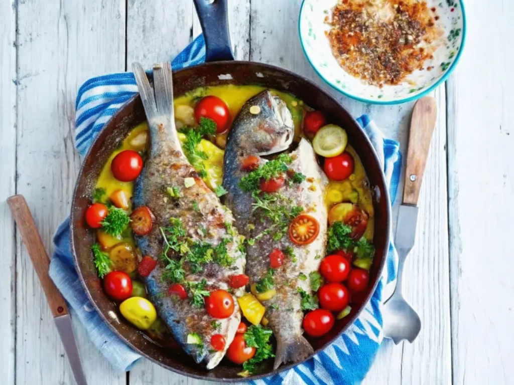 two-baked-fish-in-a-pan-with-yellow-sauce-tomatoes-herbs-and-lemon-slices-served-on-a-white-wooden-table