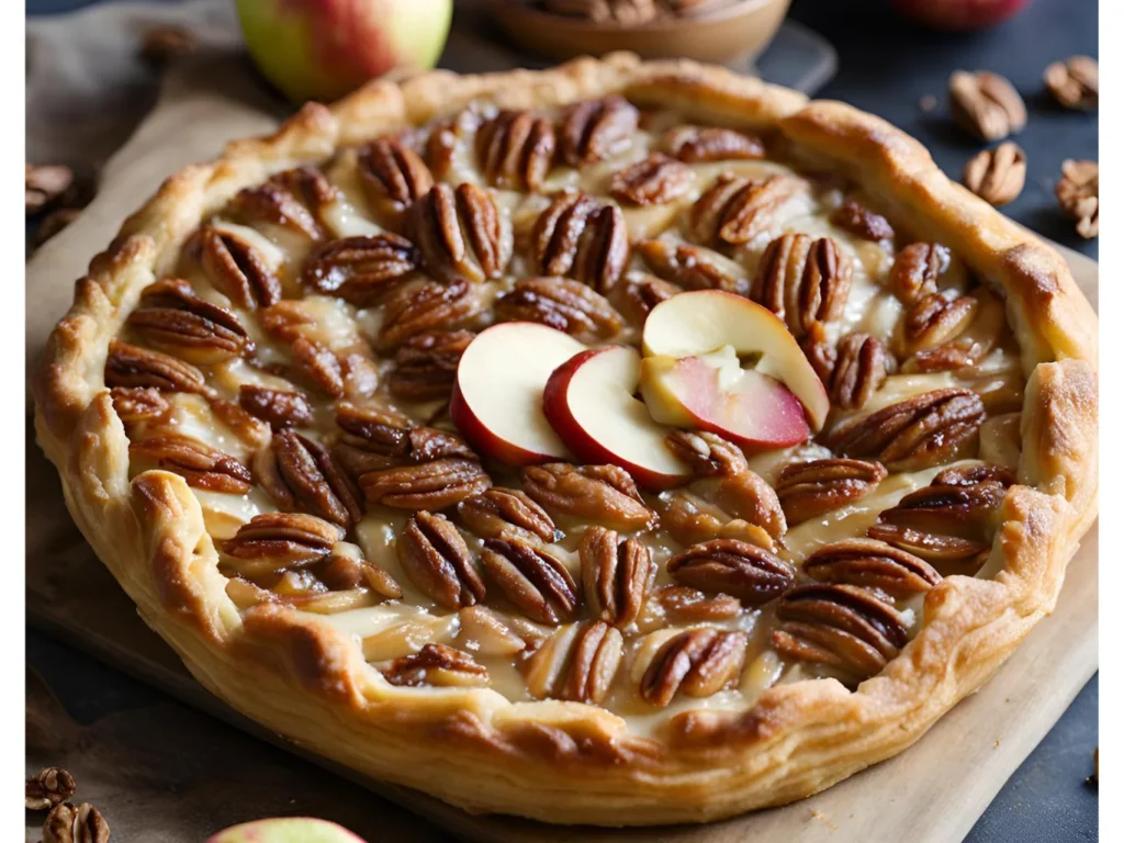 apple-galette-with-pecans-and-sliced-apples-on-a-wooden-board