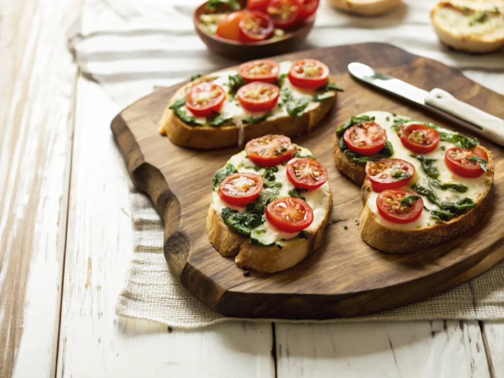 toasted-bread-topped-with-spinach-melted-cheese-and-sliced-cherry-tomatoes-on-a-wooden-board