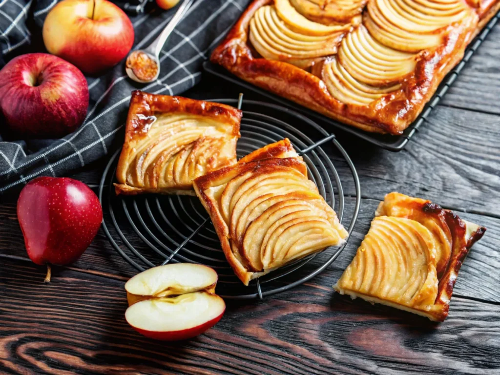 apple-tart-slices-and-whole-apples-on-a-dark-wood-surface-pastry-has-sliced-apple-topping, Apple and Pecan Danish Tart Recipe