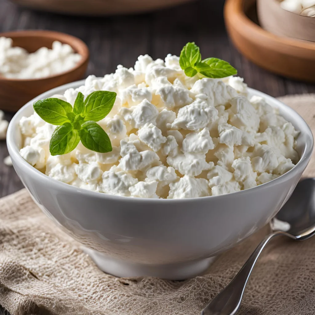 fresh-cottage-cheese-in-a-white-bowl-garnished-with-mint-wooden-table-and-cloth-napkin