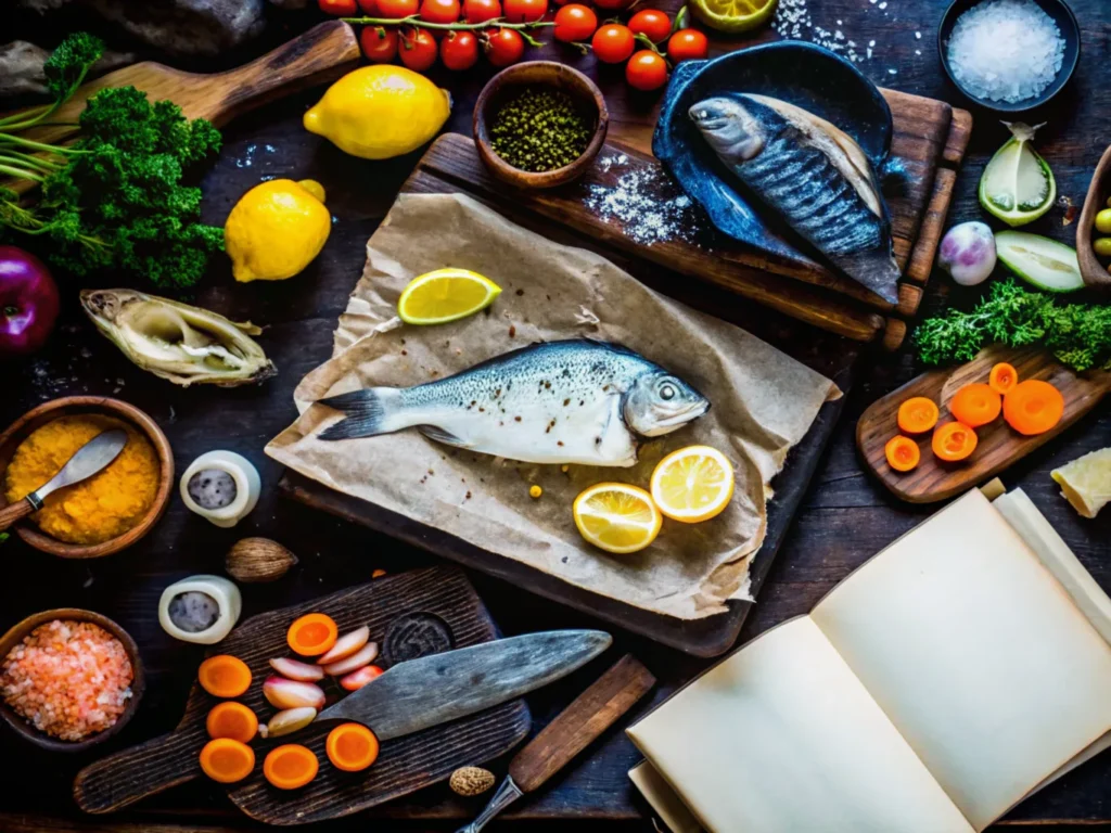 flat-lay-of-fresh-fish-lemons-vegetables-and-a-cookbook-on-a-dark-wooden-surface