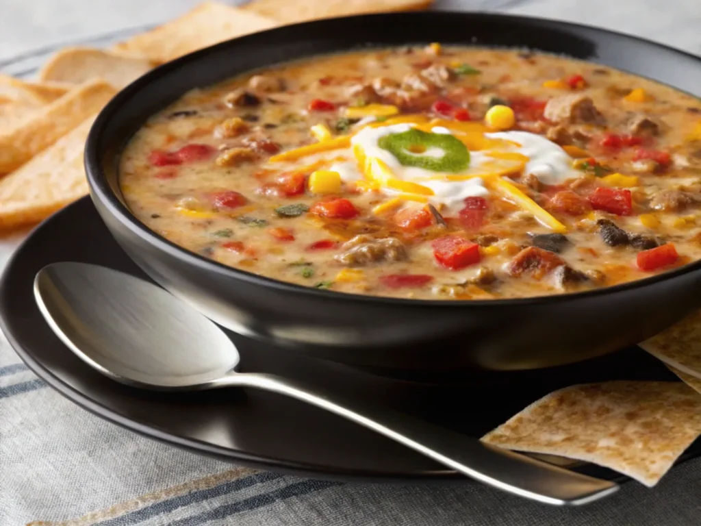 creamy-taco-soup-in-black-bowl-topped-with-cheese-sour-cream-jalapeno-served-with-toasted-bread-and-chips