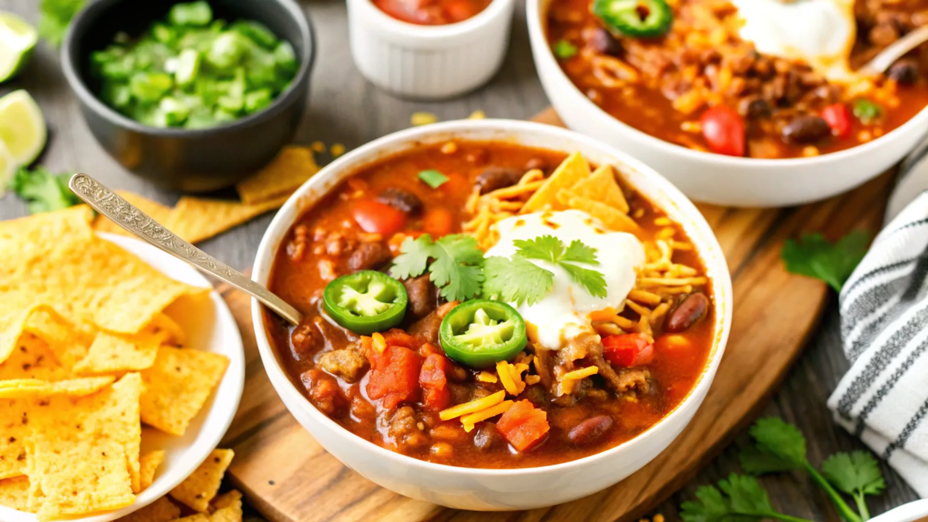 hearty-chili-bowls-with-toppings-sour-cream-jalapeos-cilantro-cheese-and-tortilla-chips-garnishes-include-diced-green-peppers