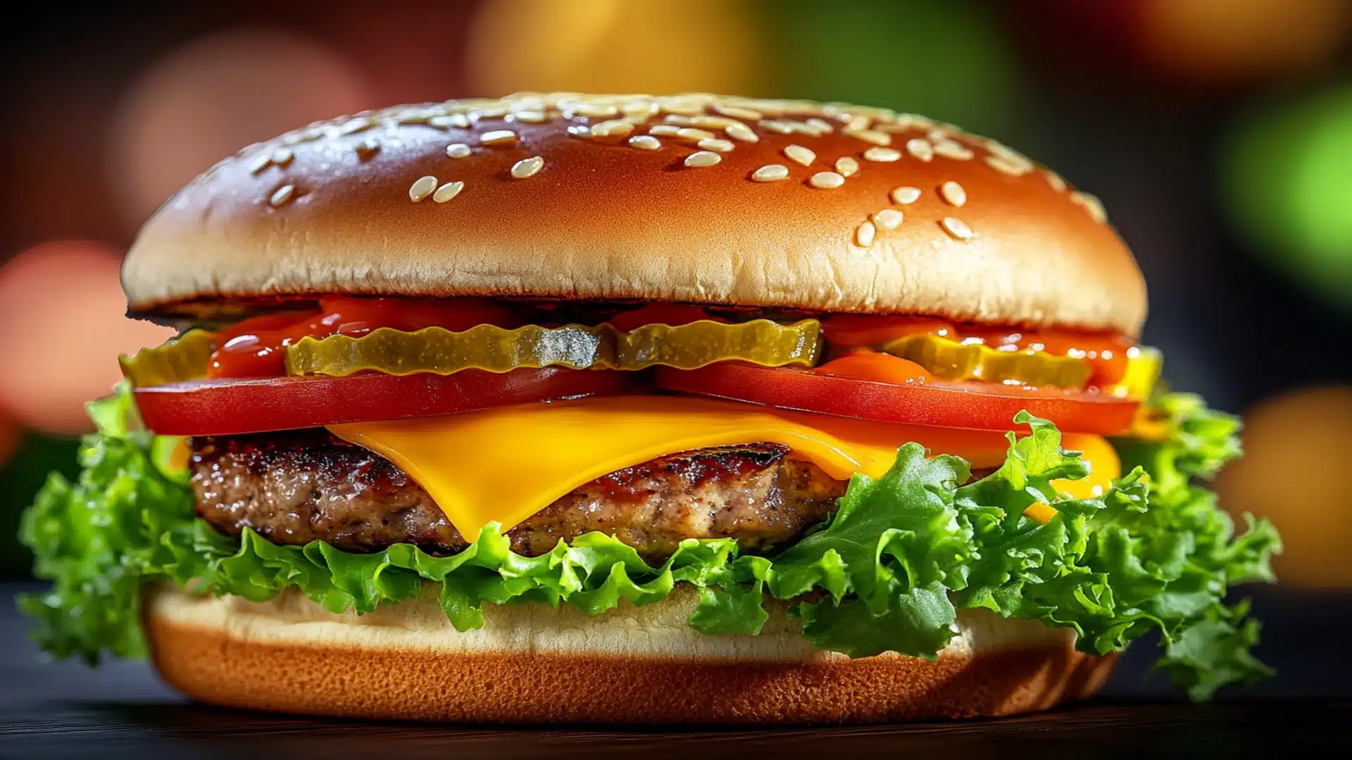 A perfect burger with a juicy patty, fresh lettuce, melted cheese, and a golden bun served on a rustic wooden plate.