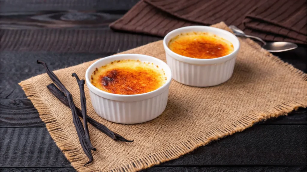 two-creme-brulee-desserts-in-ramekins-with-vanilla-beans-on-burlap-dark-wood-background