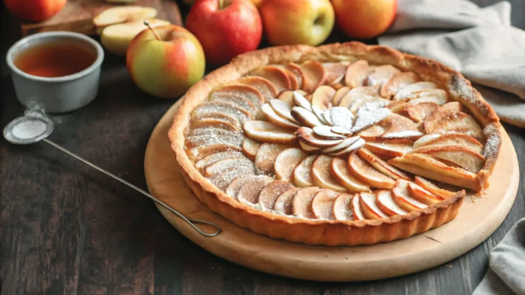 Flaky apple and pecan Danish pastry tart with golden crust