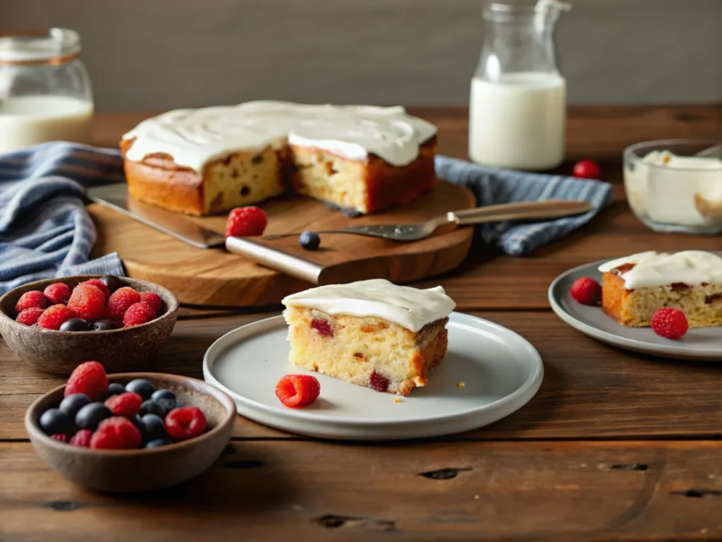 A freshly baked kefir sheet cake, sliced into squares and topped with a light dusting of powdered sugar, ready to serve.