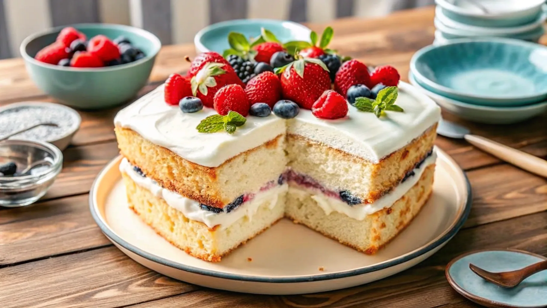 A freshly baked kefir sheet cake, sliced into squares and topped with a light dusting of powdered sugar, ready to serve.