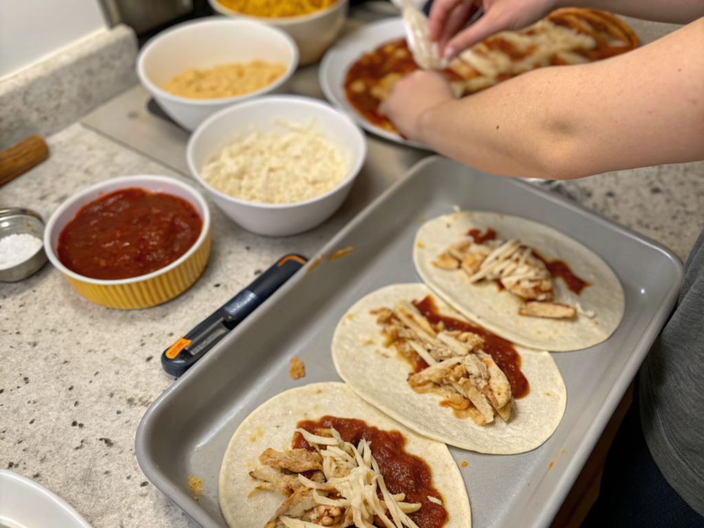 Assembling boulders enchiladas with tortillas, chicken filling, and sauce on a kitchen counter, preparing for baking.