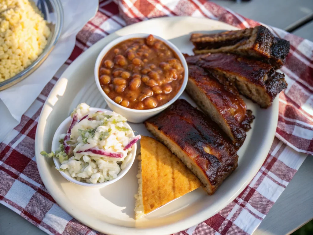 A BBQ plate featuring baked beans, smoked ribs, coleslaw, and cornbread on a picnic table.