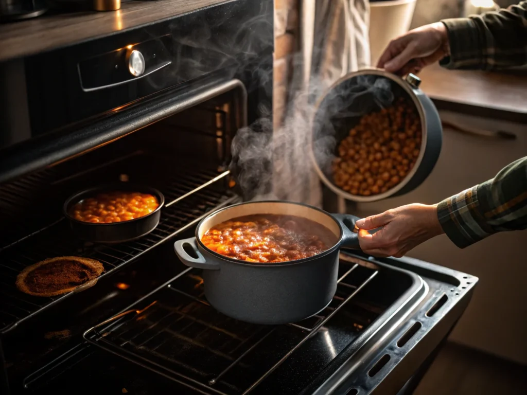 A pot of baked beans in the oven, steam rising as the sauce caramelizes.