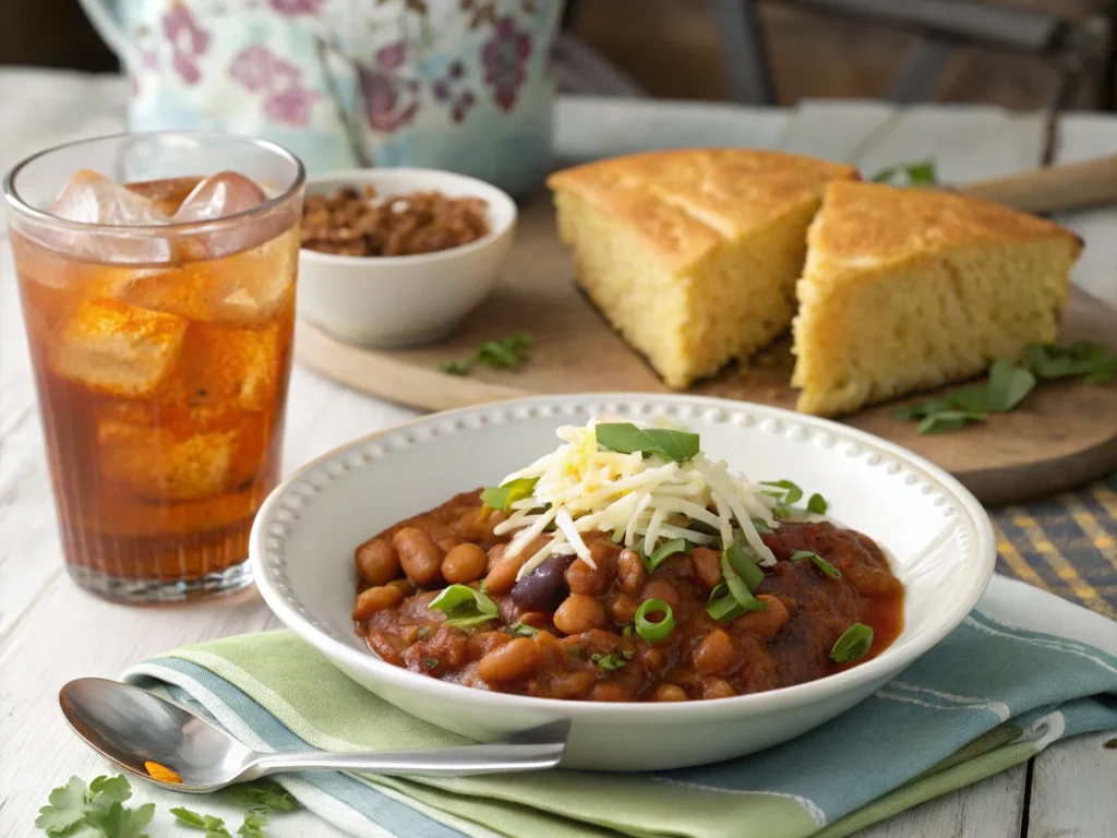 A plated serving of baked beans with cheese and green onions, paired with cornbread.