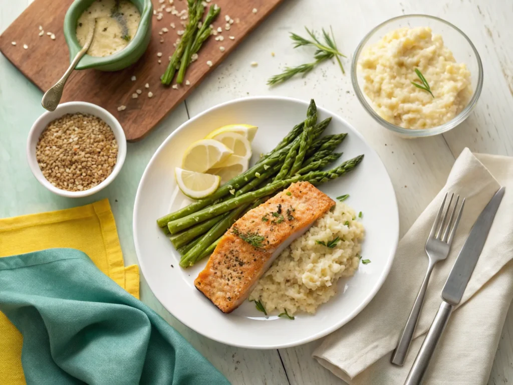 Baked salmon with roasted asparagus and garlic mashed potatoes on a white plate.