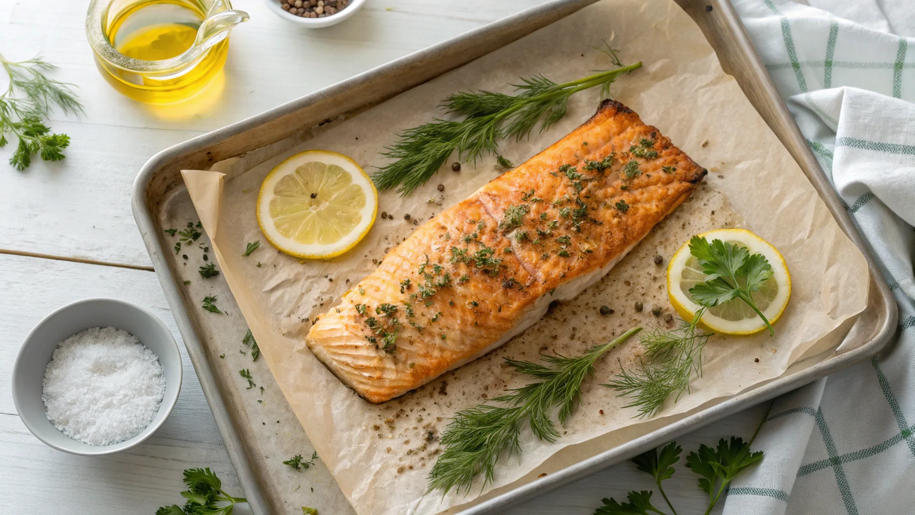 Perfectly baked salmon fillet on parchment paper, garnished with lemon slices and fresh dill.