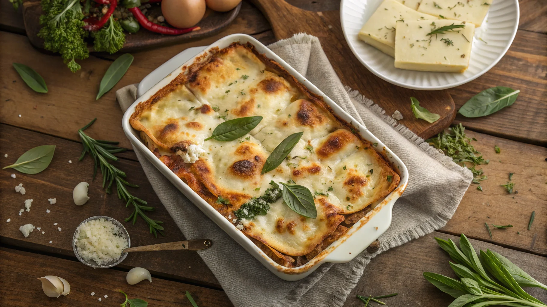 Baked lasagna with creamy cottage cheese layers on a rustic wooden table.