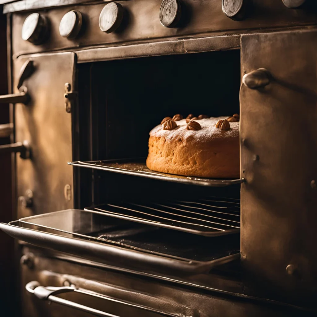 Vintage cake rising in an old-fashioned oven, showing the golden-brown top as it bakes to perfection in a cozy, homemade environment.