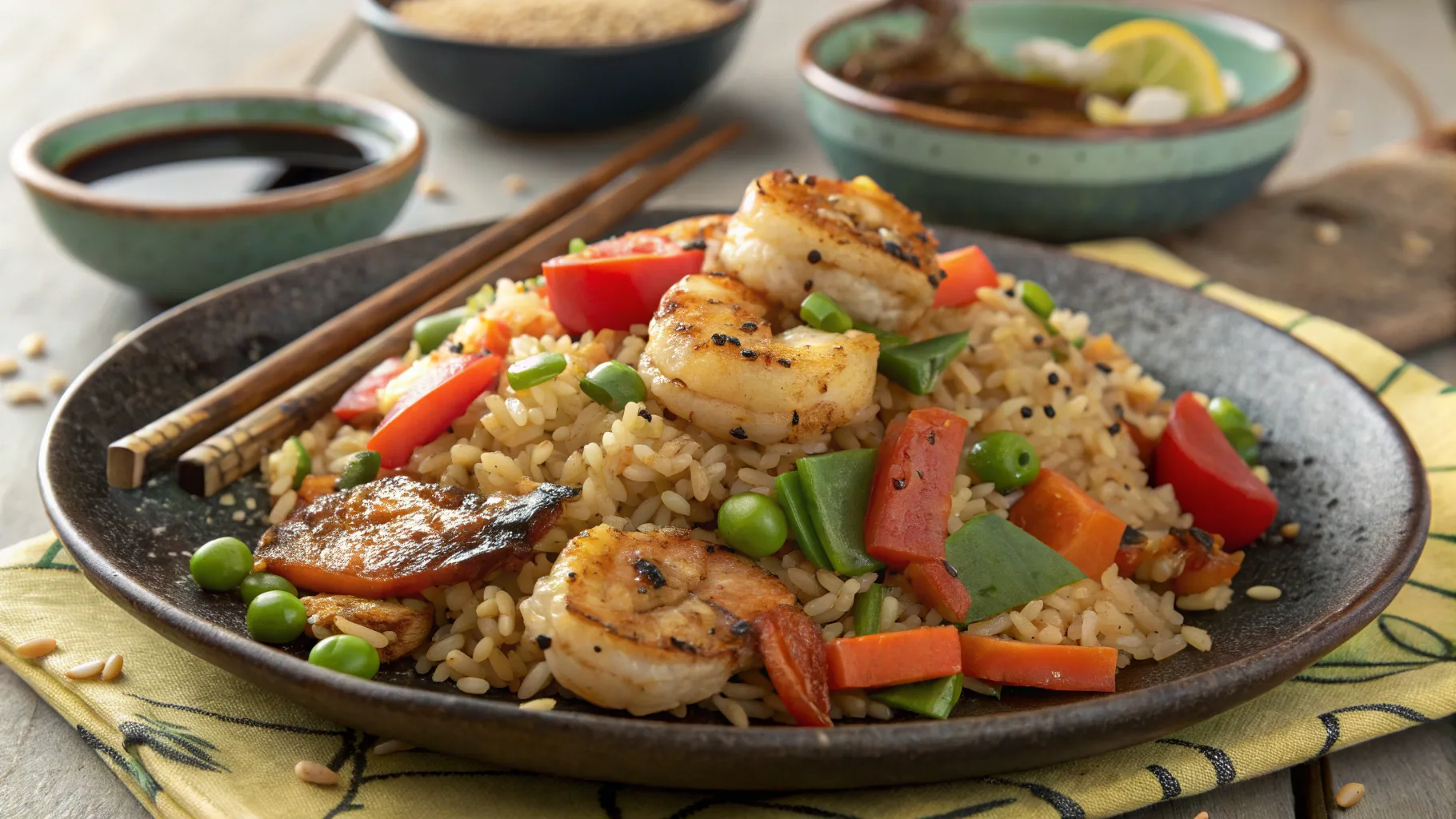 A vibrant plate of Blackstone fried rice served hot, featuring golden-brown rice, colorful vegetables like diced carrots and peas, and tender pieces of grilled chicken. Garnished with fresh scallions and sesame seeds.