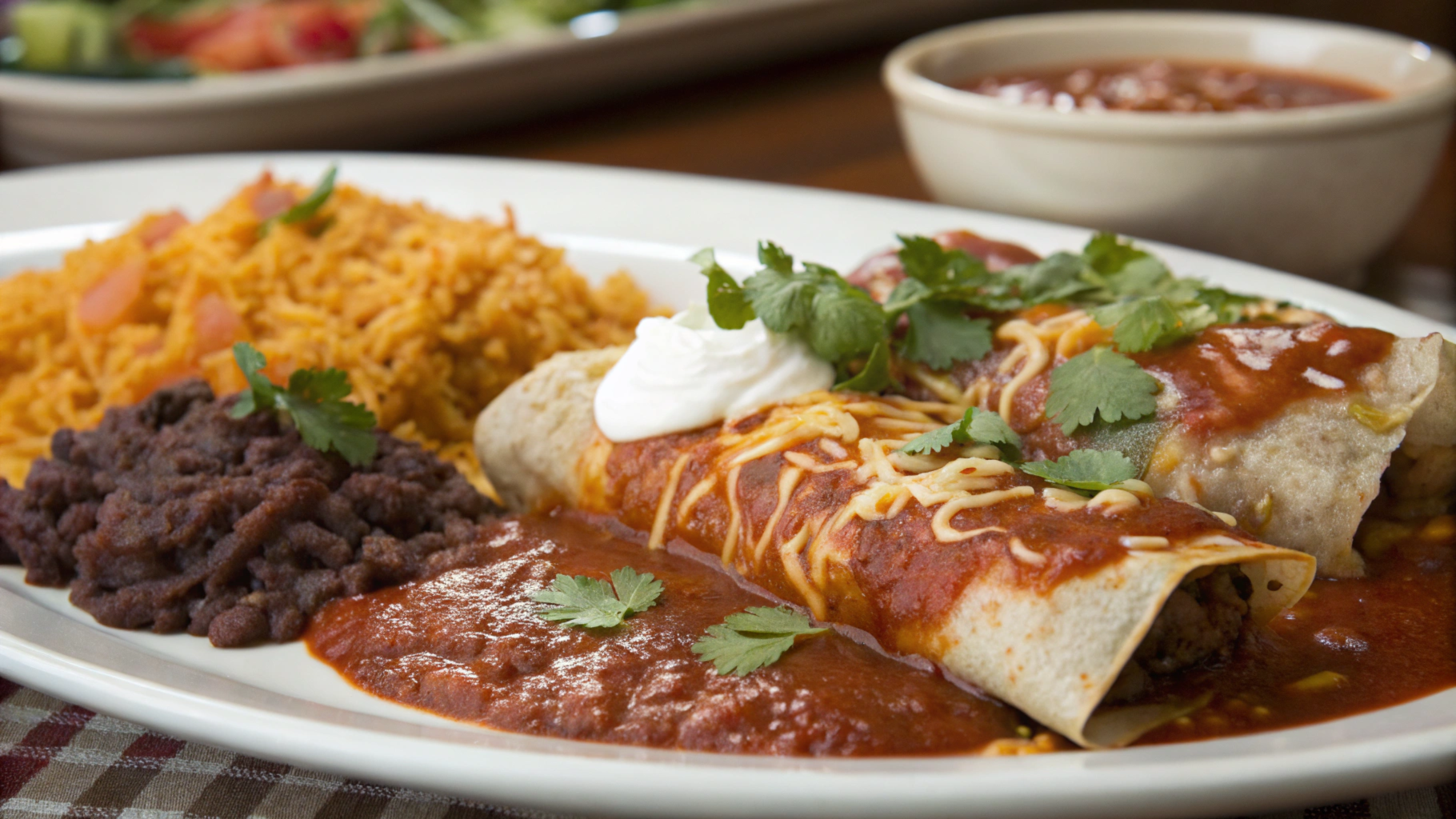 Delicious boulders enchiladas served with Mexican rice and refried beans, topped with melted cheese and rich red sauce, showcasing the final dish.