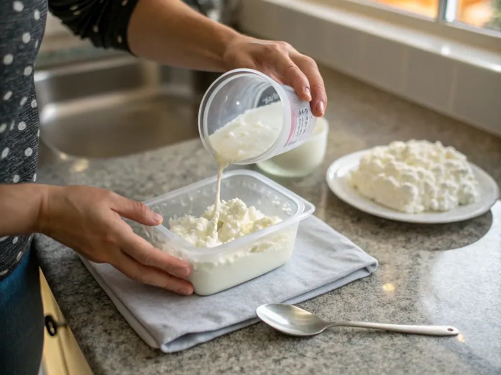 Close-up of watery cottage cheese with excess liquid on top, showing curds and whey in a homemade kitchen setting.