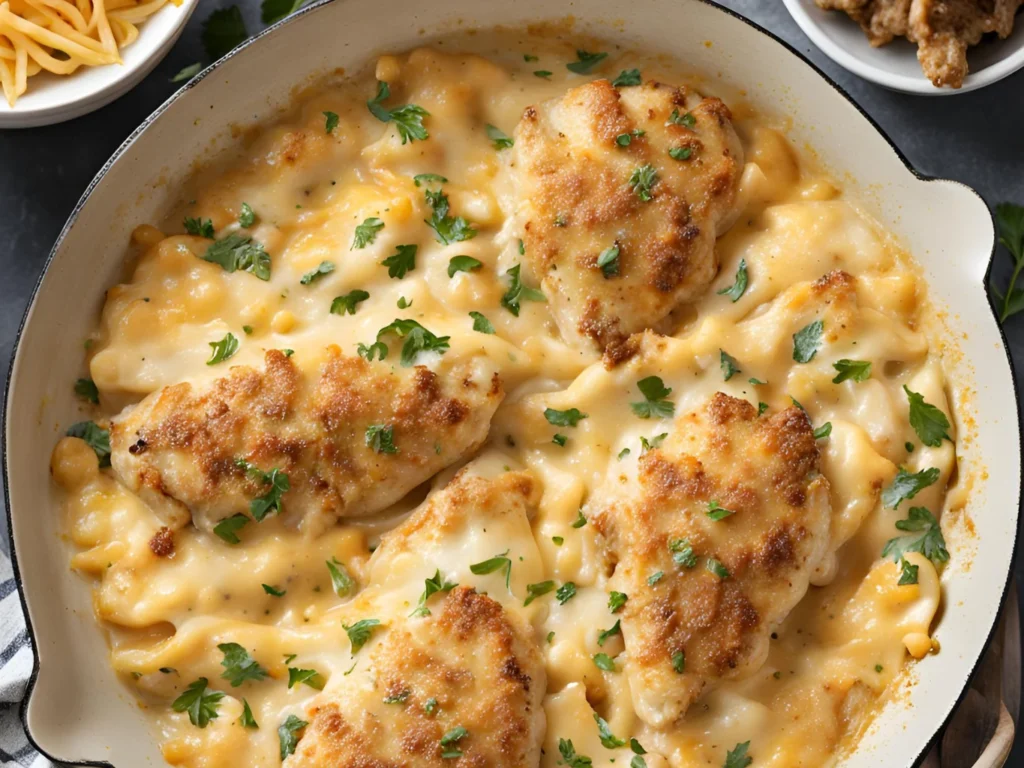 Cheesy forgotten chicken casserole with melted cheese on top, adding a gooey twist to the traditional forgotten chicken recipe