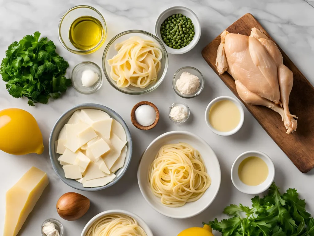 Essential ingredients for Chicken Alfredo including chicken breast, Parmesan cheese, garlic, heavy cream, and fettuccine pasta.