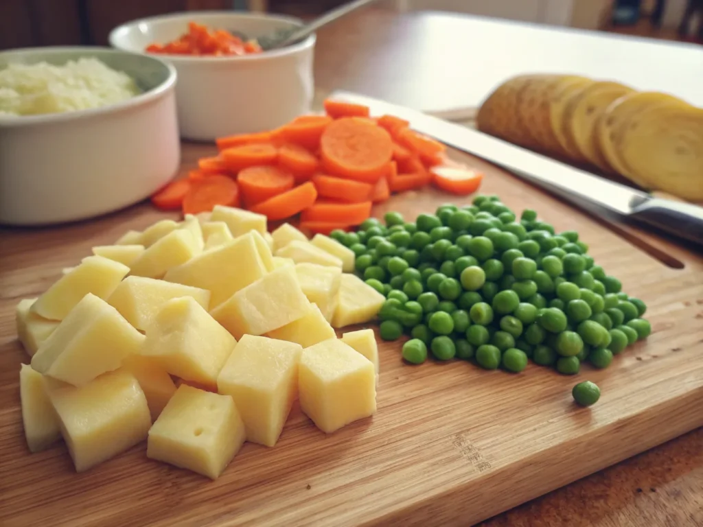 Fresh ingredients for Dominican potato salad: chopped potatoes, diced carrots, and green peas on a wooden chopping board.