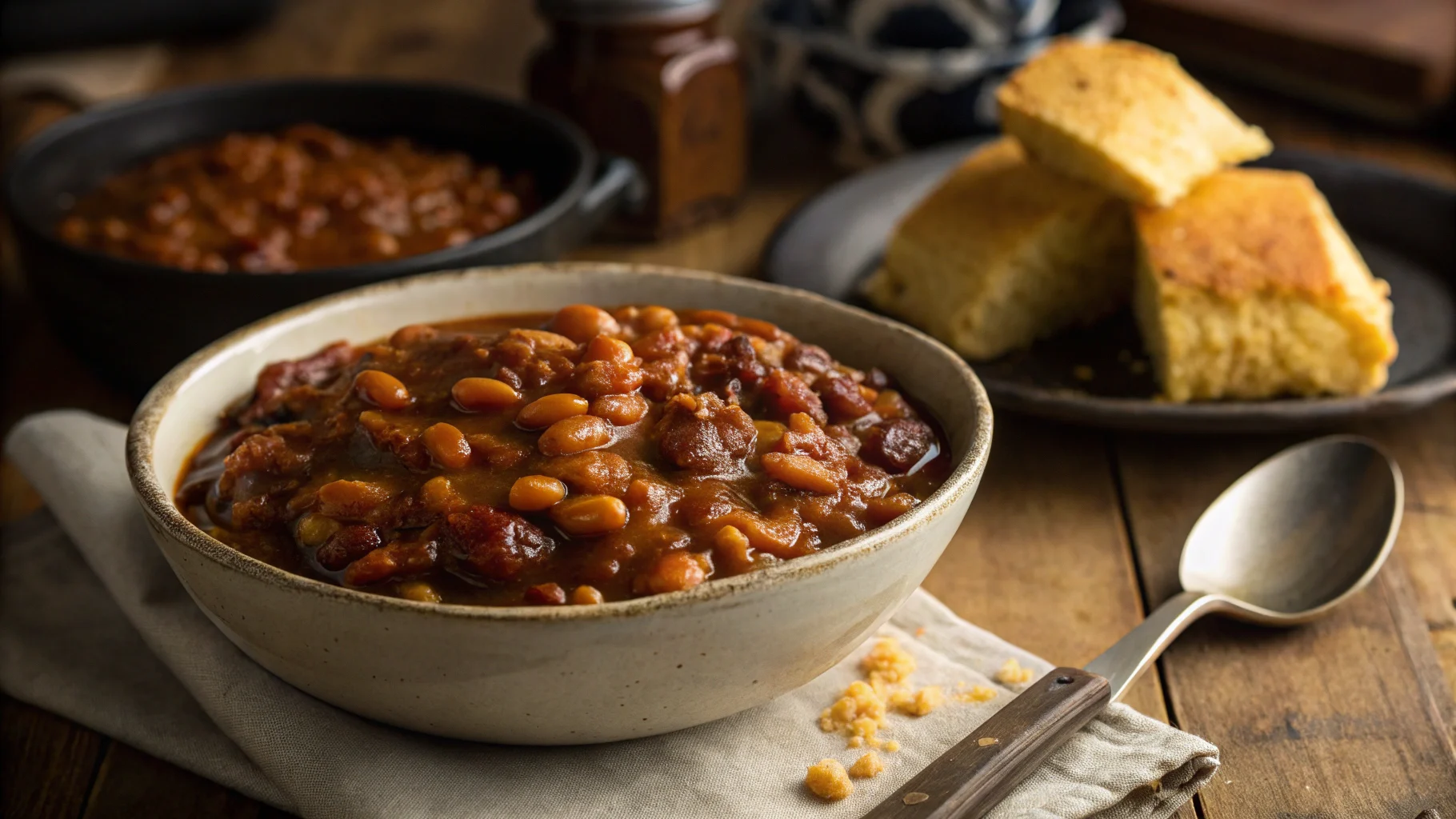 A close-up of baked beans in a rich sauce served with cornbread on a rustic wooden table.