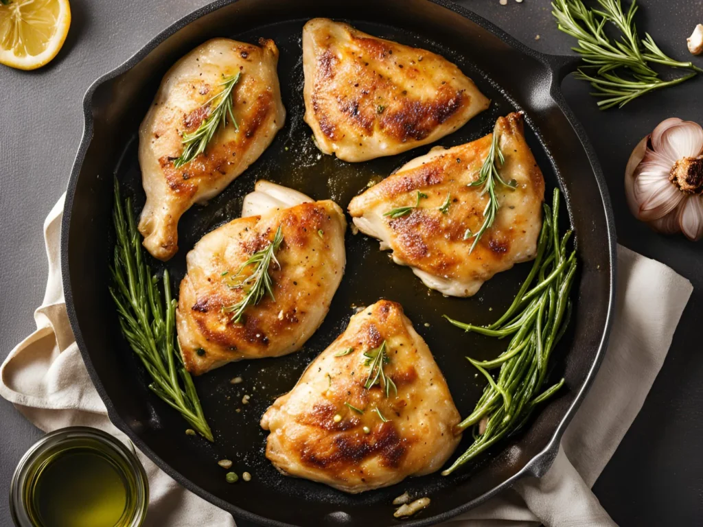 Pan-seared chicken breasts for Chicken Alfredo, golden brown on one side with garlic sizzling in the skillet.