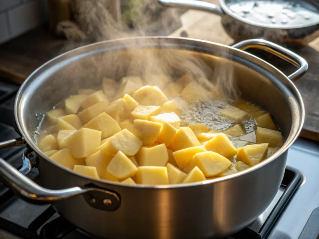 Potatoes boiling in a pot, preparing for Dominican potato salad, with steam rising and the water bubbling.