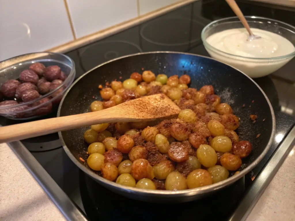 Caramelized grapes cooking in a pan with cinnamon, with a bowl of sour cream on the side, capturing the process of making sour cream burnt grapes.