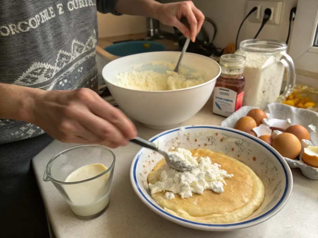 Preparing cottage cheese pancake batter with curds mixed in, showcasing the versatility of watery cottage cheese in recipes.