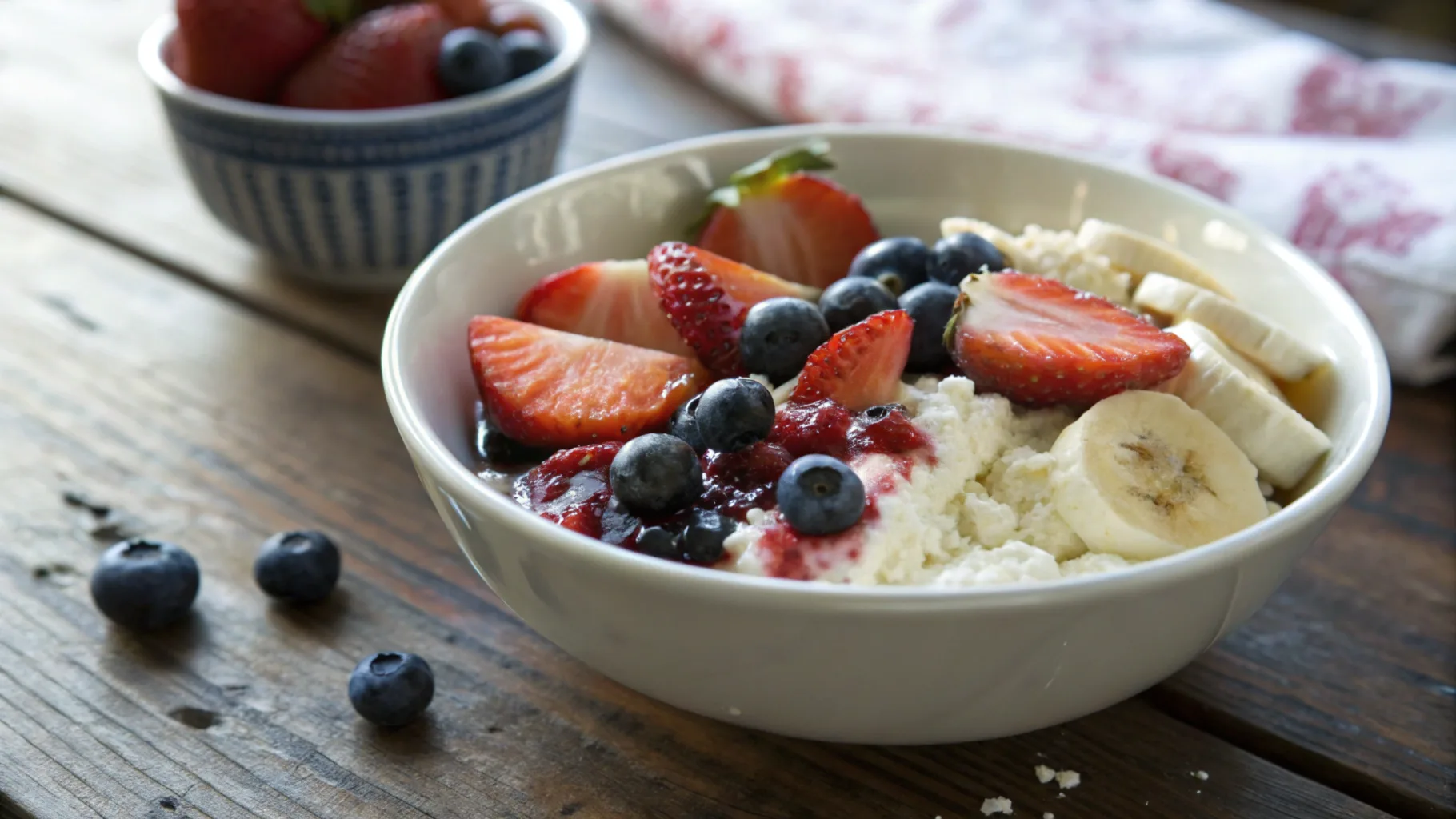 Final outcome of a healthy cottage cheese smoothie topped with fruits, showcasing watery cottage cheese with a creamy texture.