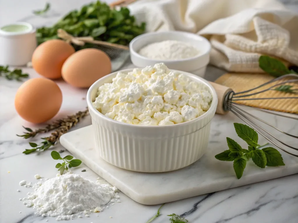 Does cottage cheese melt when you bake it? A close-up of cottage cheese in a bowl surrounded by baking ingredients.