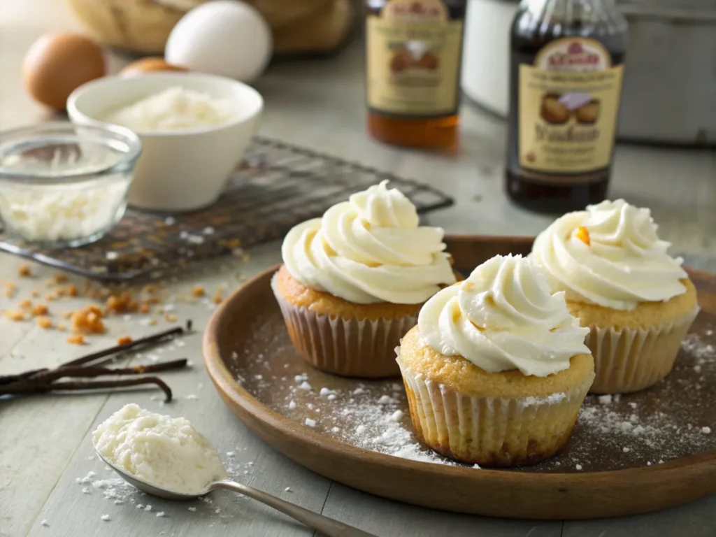 Freshly frosted cupcakes with cream cheese filling, showcasing the smooth and creamy texture of the frosting on top.