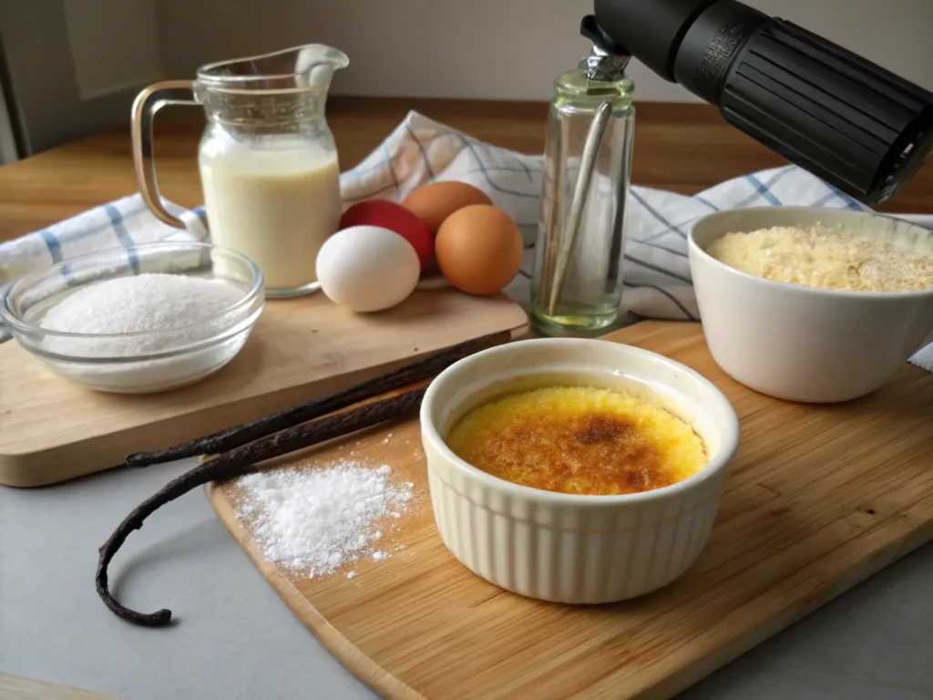 The essential ingredients for crème brûlée, including heavy cream, egg yolks, sugar, and vanilla, neatly arranged on a wooden countertop for the perfect dessert preparation. What is crème brûlée