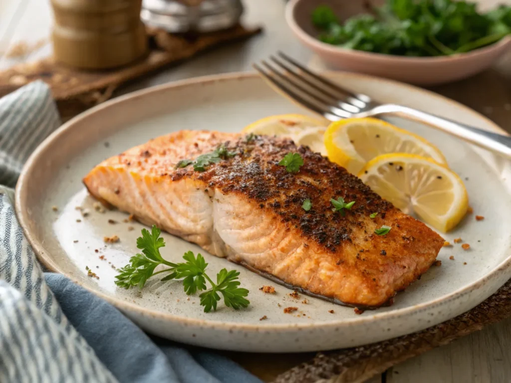 Crispy baked salmon fillet on a plate with parsley and lemon garnish.