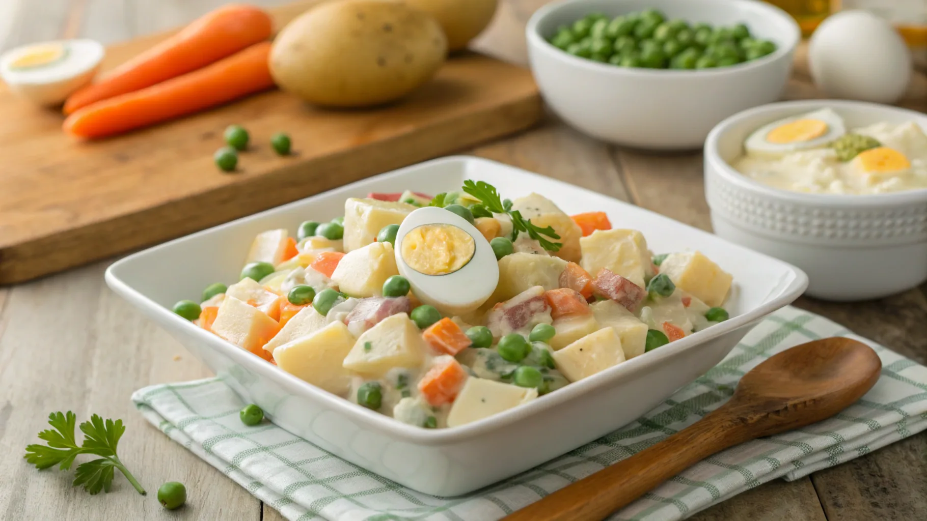 Delicious and creamy Dominican potato salad, featuring potatoes, carrots, peas, and hard-boiled eggs, beautifully plated in a white dish.