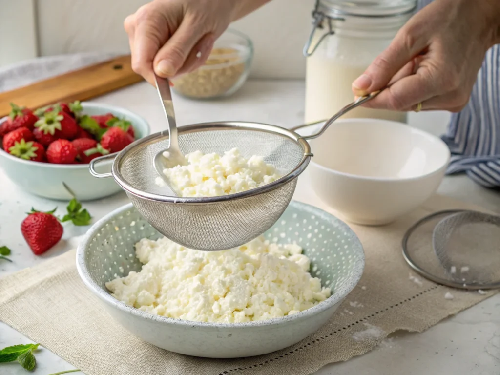 Cottage cheese being drained in a fine mesh sieve with a hand pressing gently.