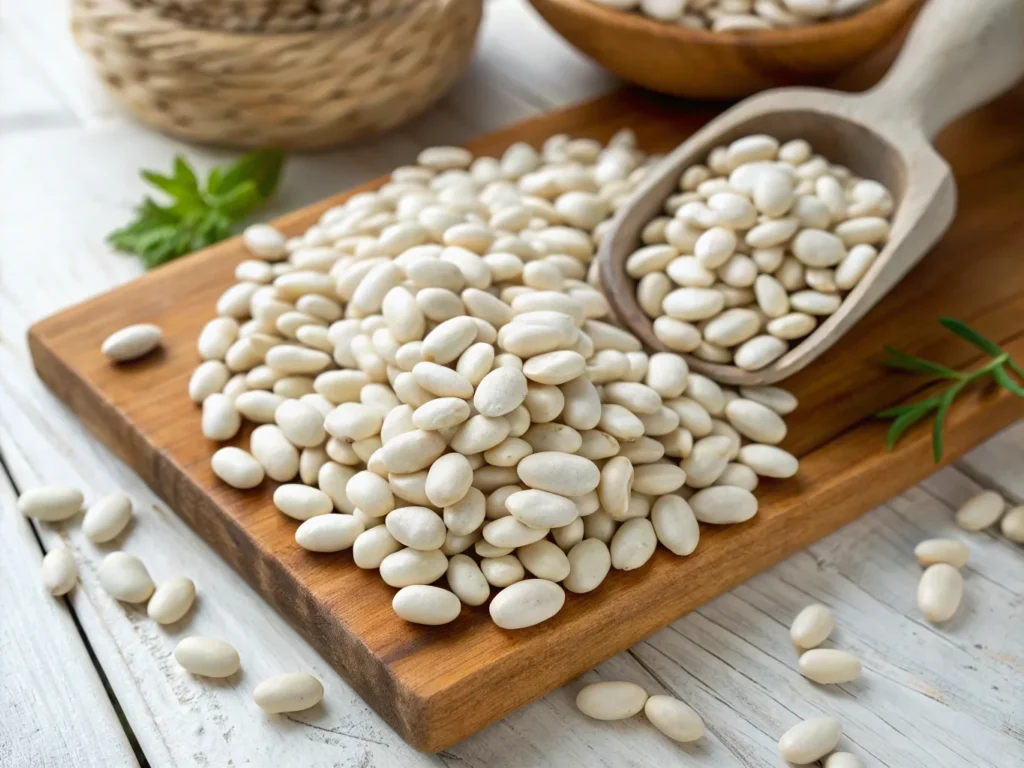 A close-up of dried navy beans spread on a rustic wooden countertop with a scoop (Baked Beans)